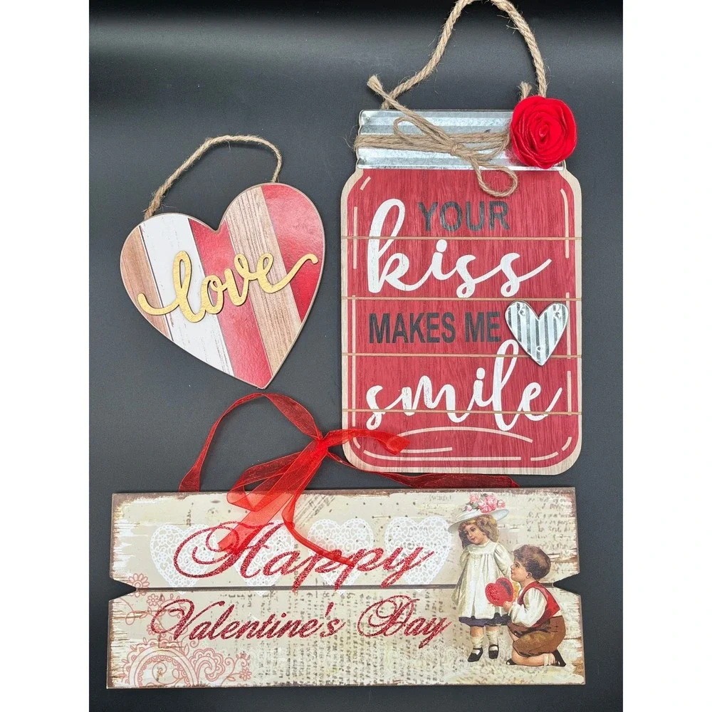 Valentine's Day Wooden Wall Decor Bundle Mason‎ Jar Vintage Heart Signs 3pc Set